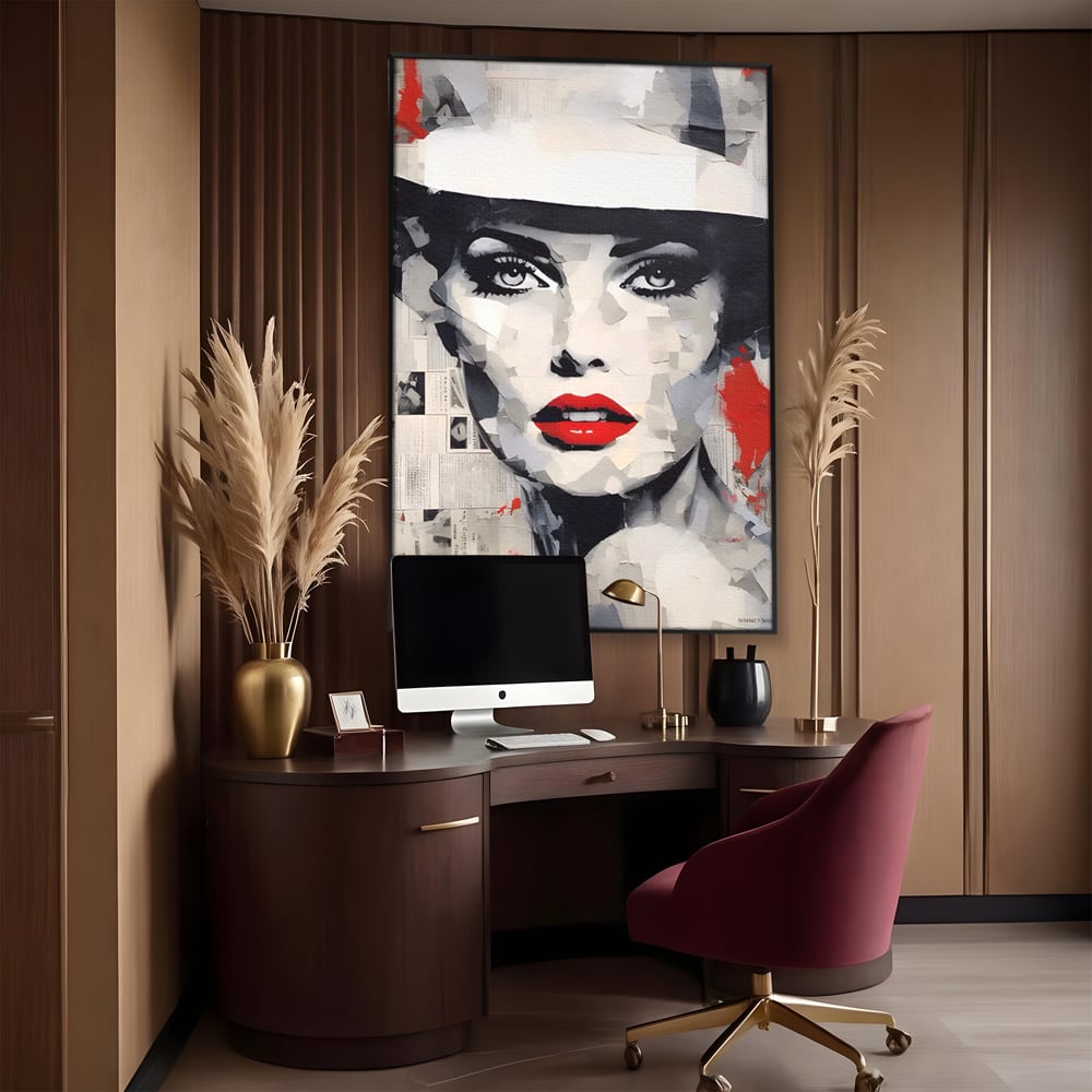 Tablou canvas cu tablou portret femeie cu buze rosii, in rama de aluminiu negru, pe perete intr-un birou